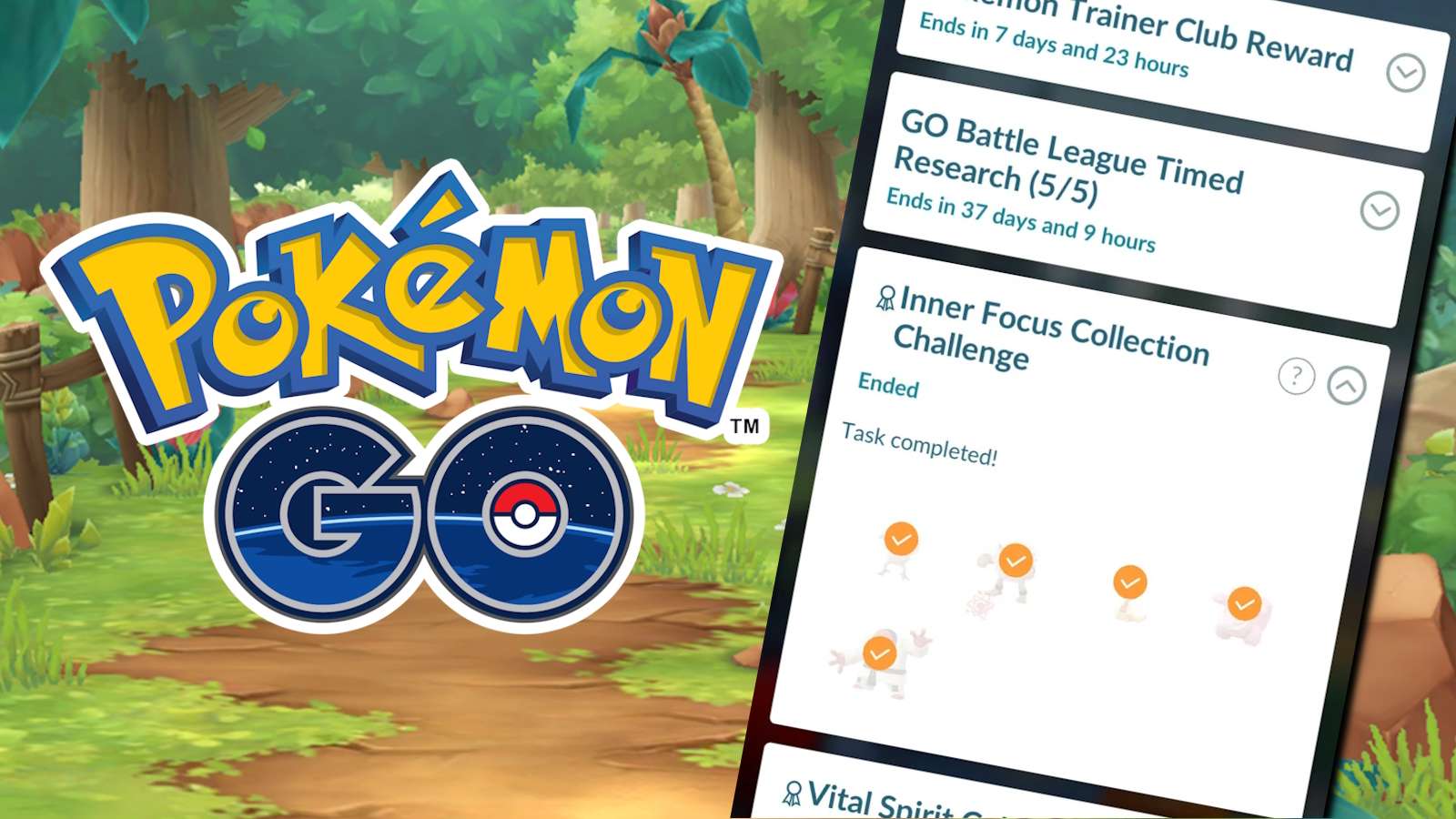 Pokemon Go logo and collapsable timed research tasks feature.