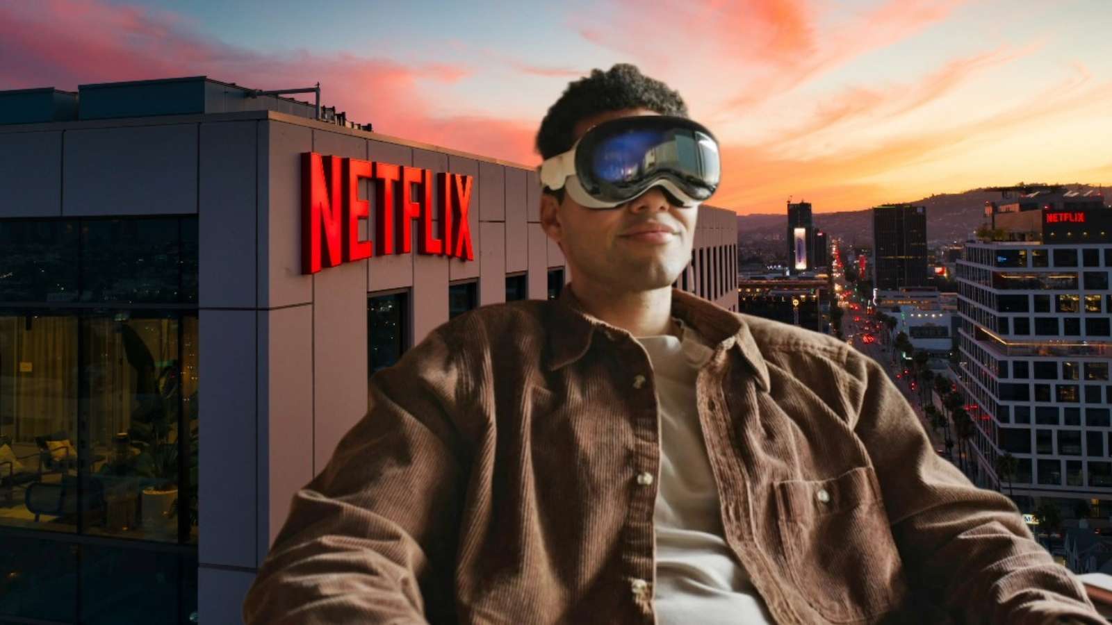 User wearing Apple Vision Pro with Netflix logo in the background