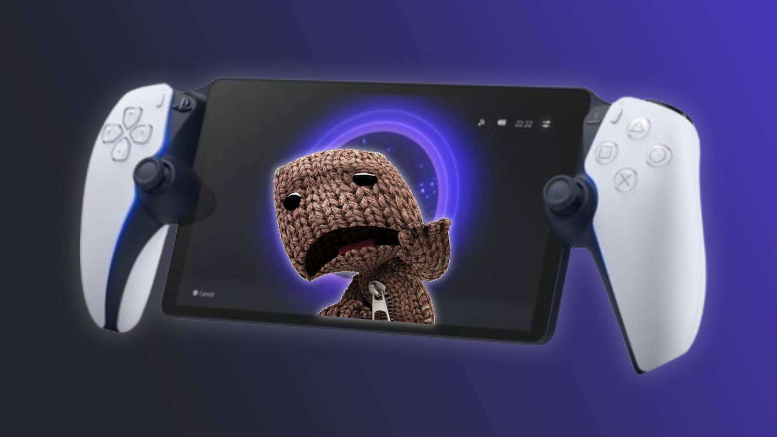 An image of the PlayStation Portal remote play device, on a black and blue background with the Sackboy game character on the screen looking sad.