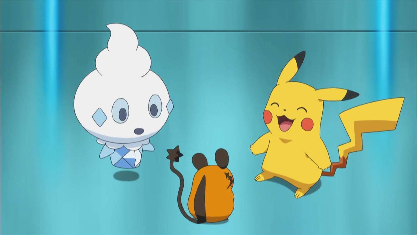 Vanillite and Pikachu with Dedenne in the Pokemon anime