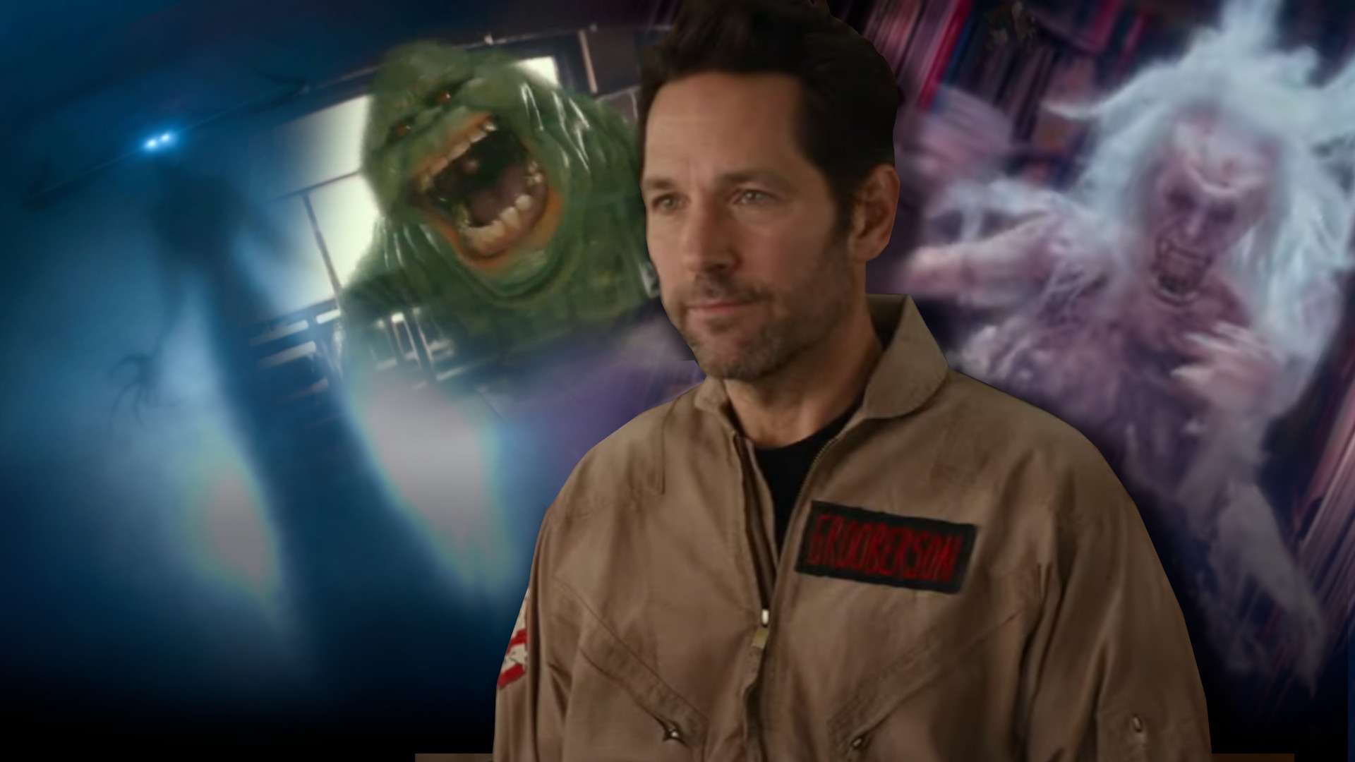 Paul Rudd stands in front of three ghosts from Ghostbusters: Frozen Empire