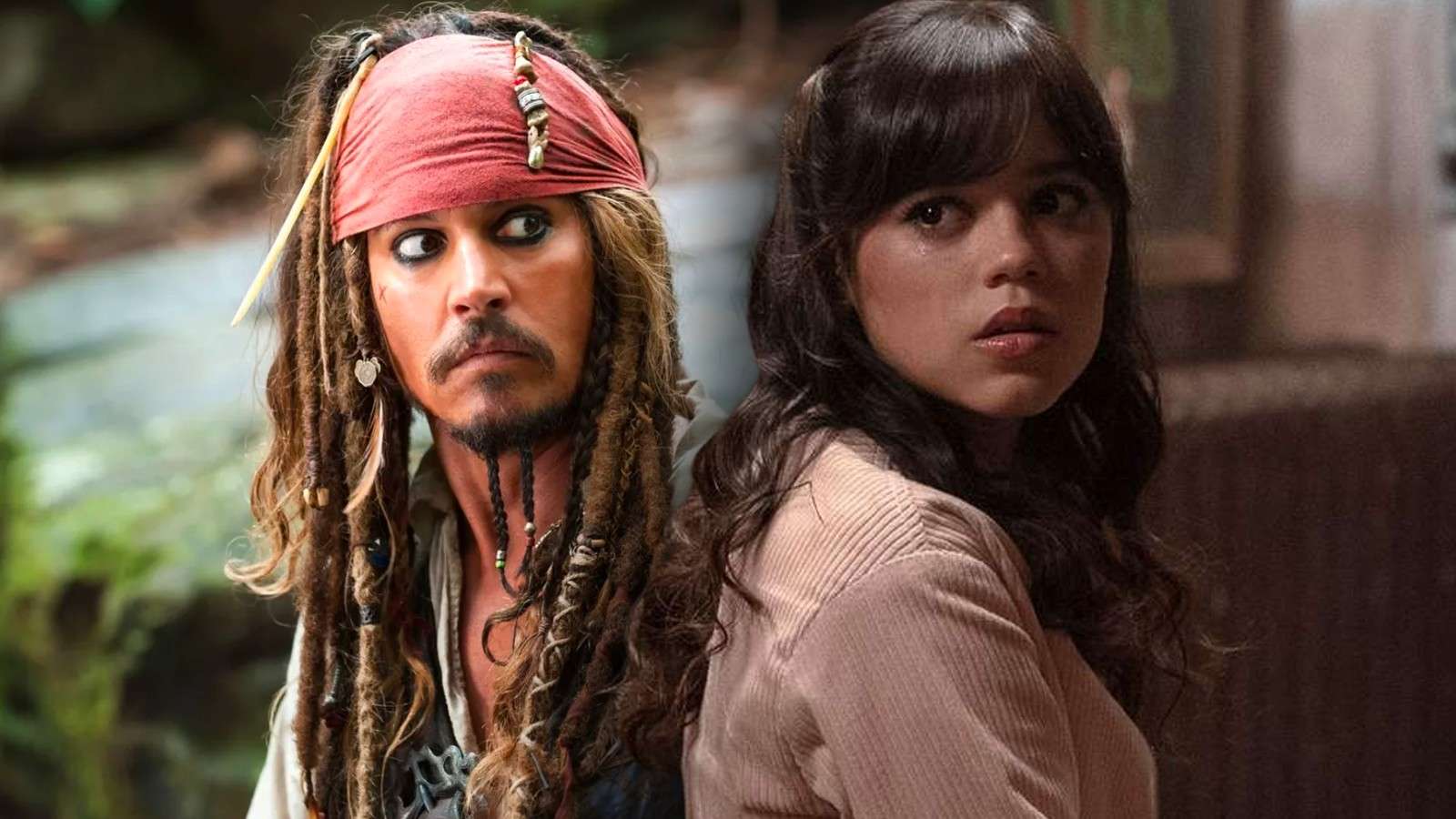 Johnny Depp as Jack Sparrow in Pirates of the Caribbean and Jenna Ortega