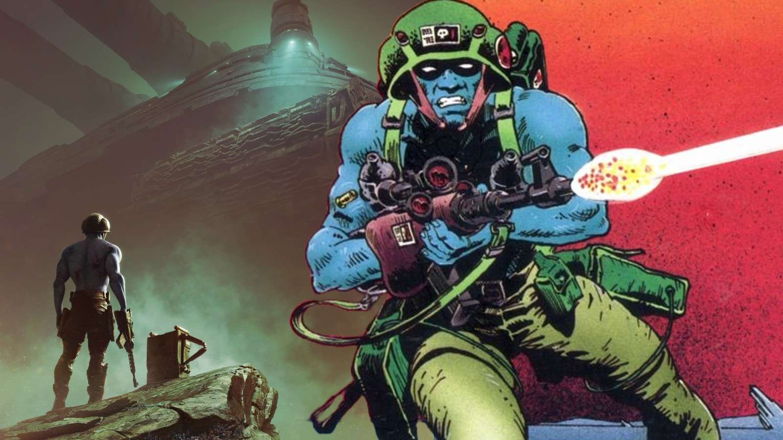 A still from the Rogue Trooper movie and the comics