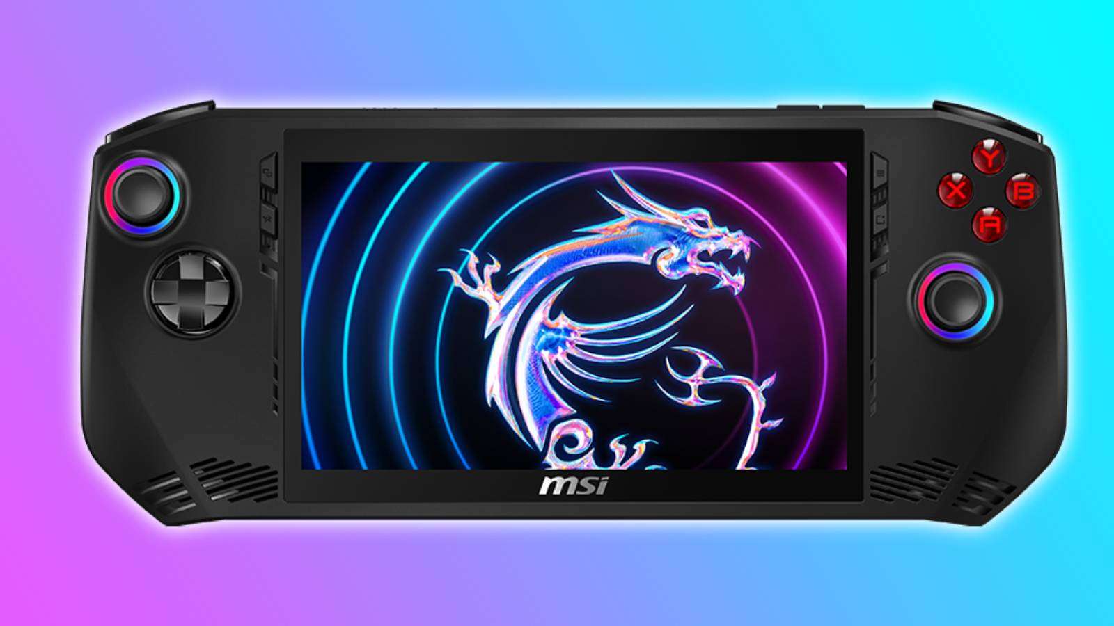 Image of the MSI Claw handheld on a pink and blue background.