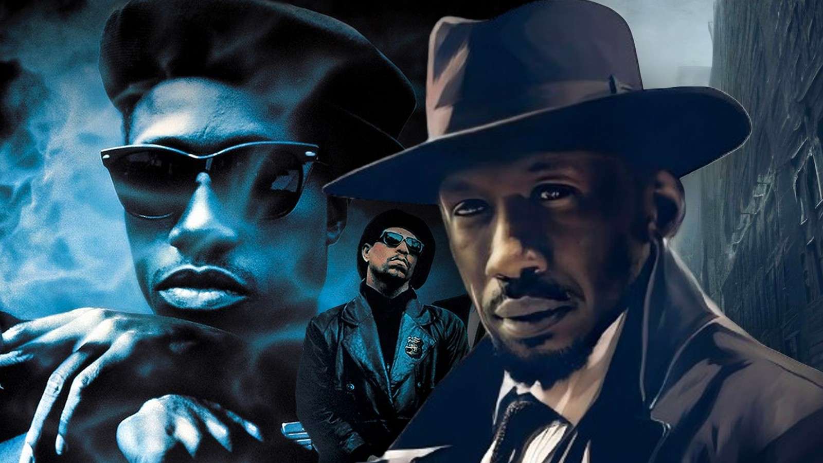 Wesley Snipes on the poster for New Jack City and an AI image of Mahershala Ali