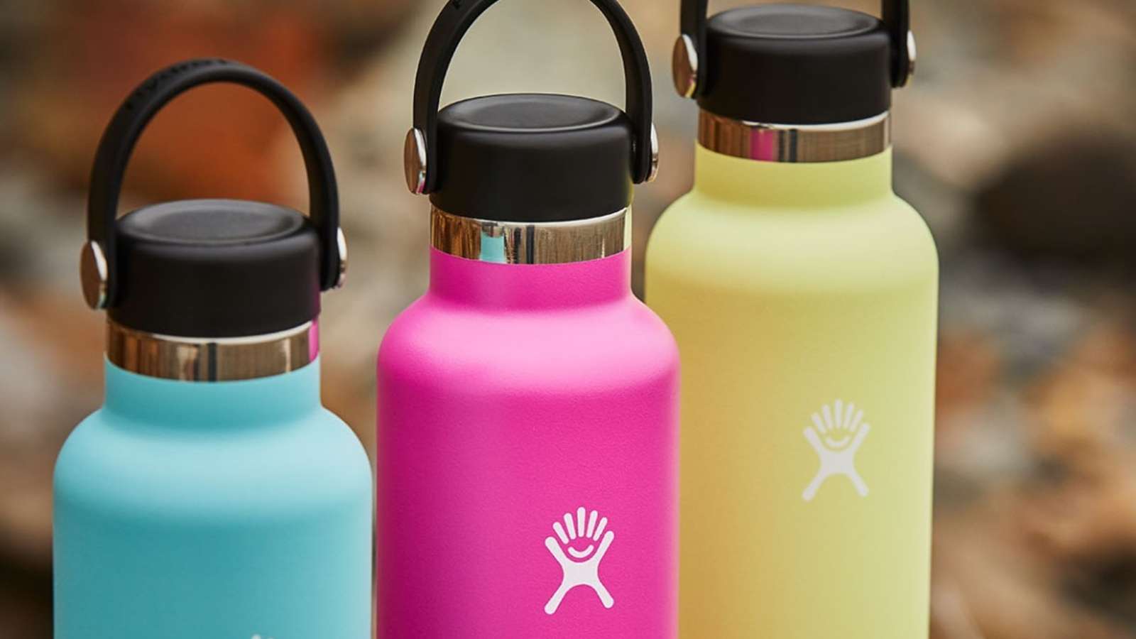 hydro flask bottles blue, pink and yellow