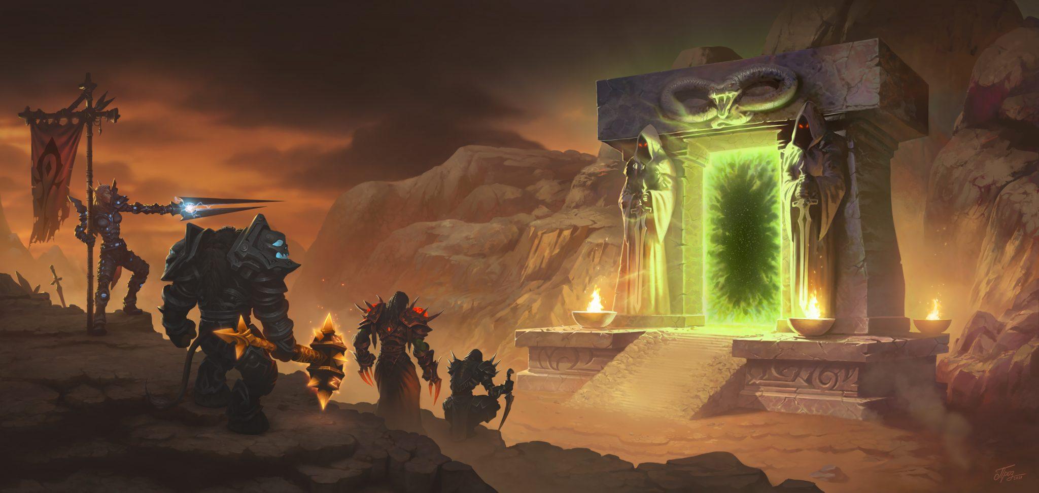 WoW Classic characters looking at a green portal in a wasteland