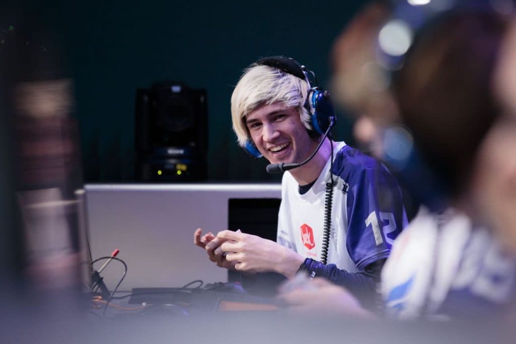 xqc on overwatch league stage in dallas fuel jersey