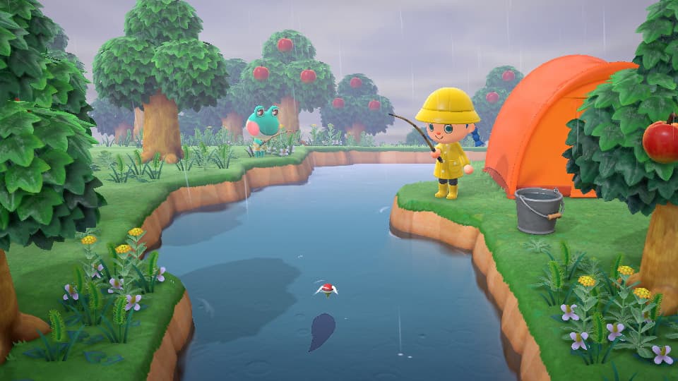 An Animal of a character fishing at a river in Animal Crossing New Horizons