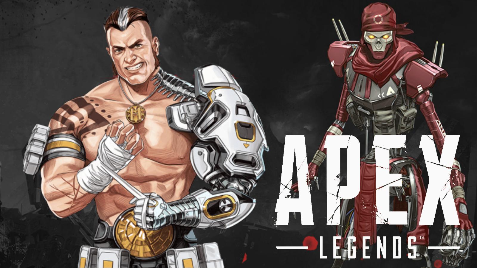 Revenant standing behind Forge with black background and apex legends logo