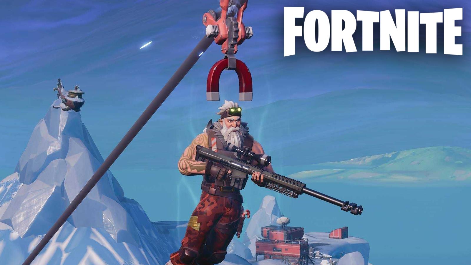 A Fortnite player using a zipline to travel across the map.