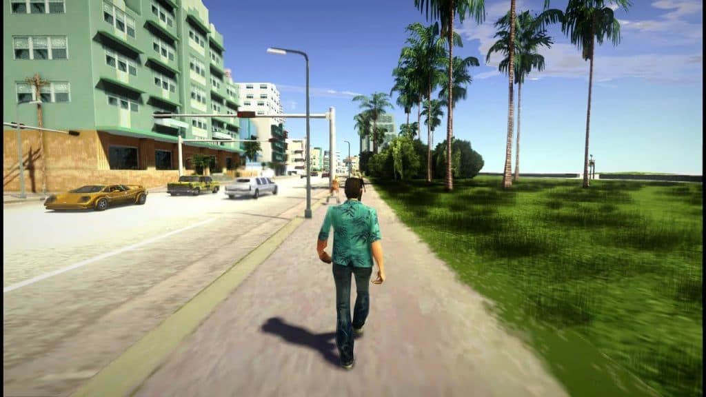 GTA player walking through Vice City