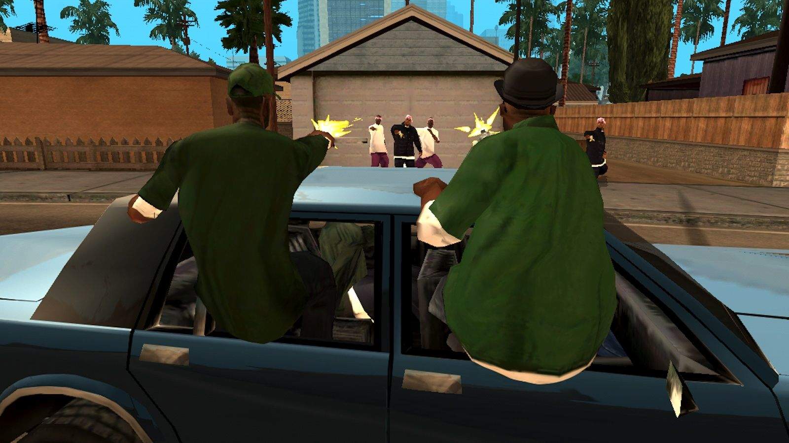 GTA San Andreas screenshot showing a drive-by shooting