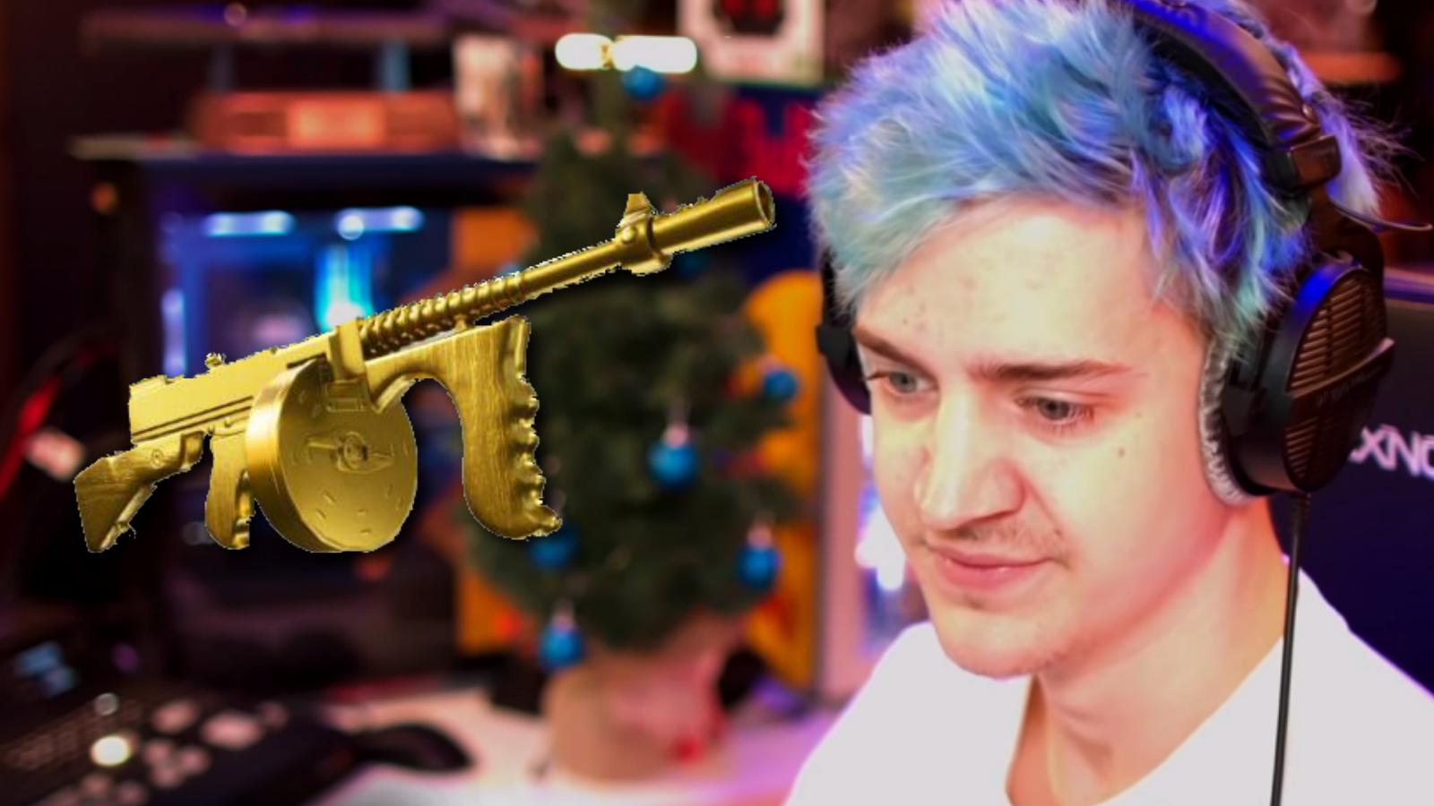 Ninja streaming on mixer with blue hair and fortnite drum gun