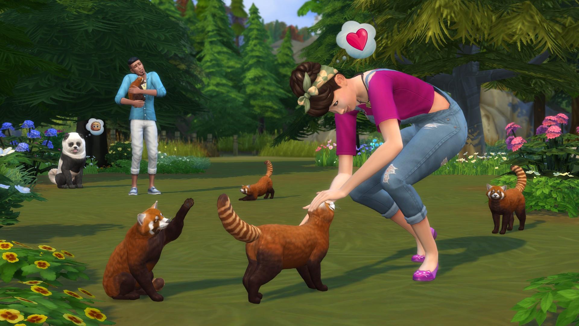 the sims 4 screenshot of a sim and a group of cats