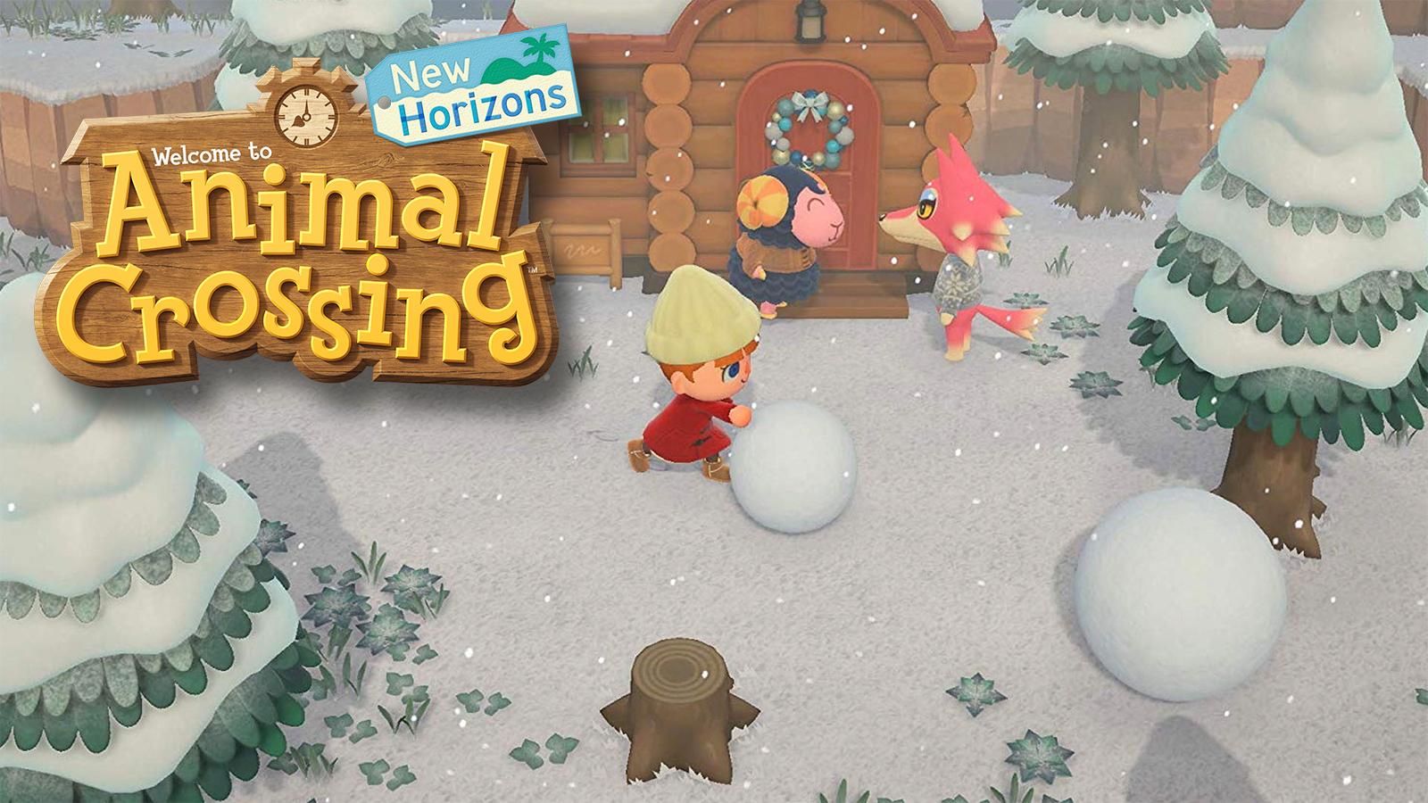A screenshot of a player rolling a ball of snow with the Animal Crossing New Horizons logo