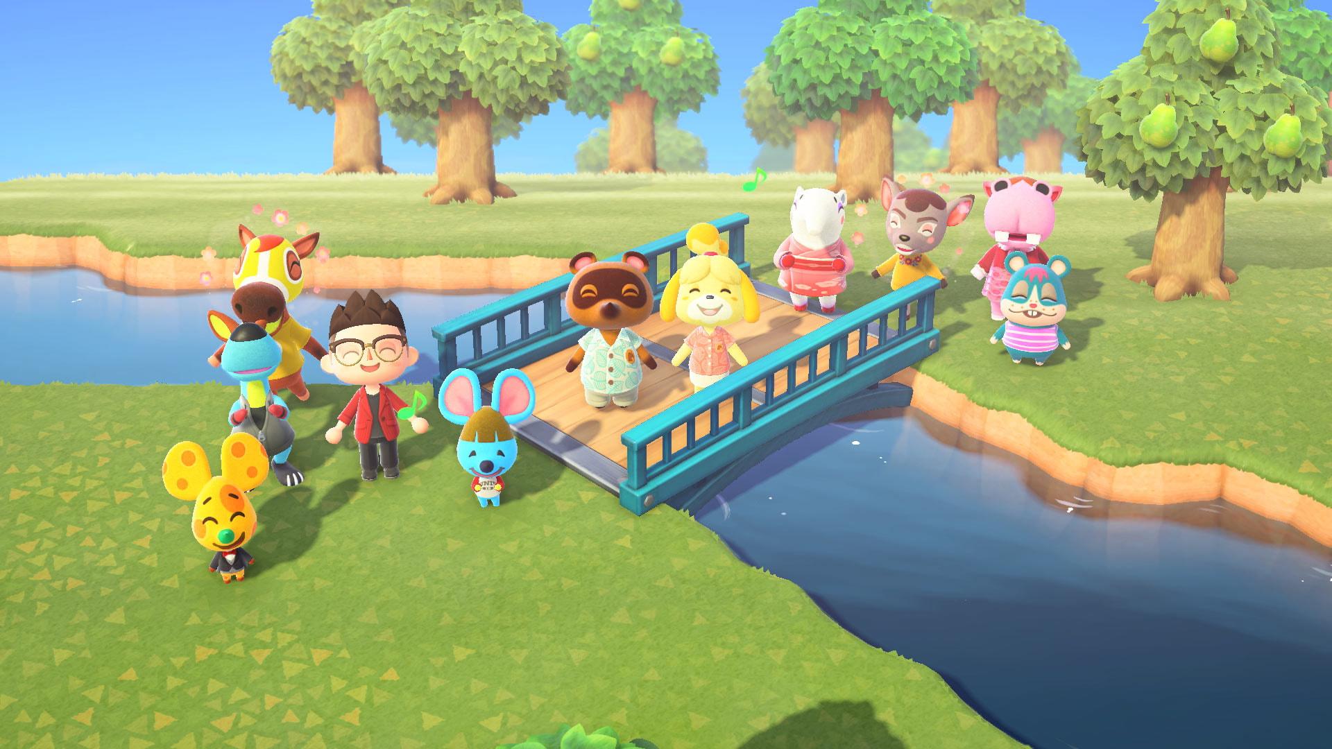 A group of villagers with a player in Animal Crossing: New Horizons