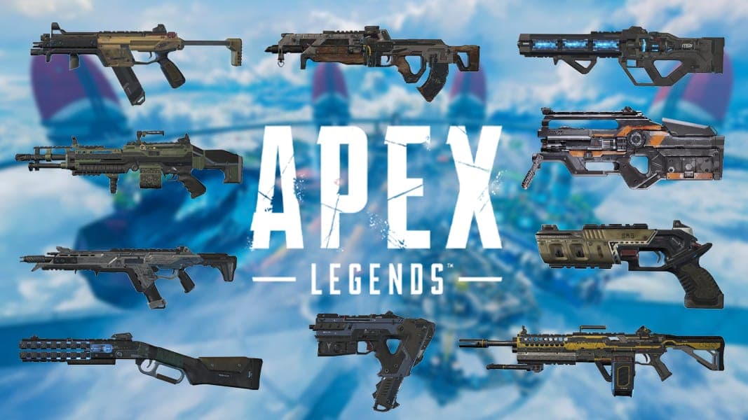Apex logo surrounded by weapon PNGs