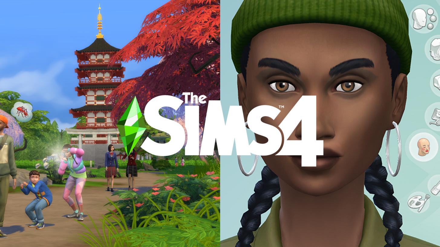 A picture of The Sims logo, with a woman in Create A Sim and an image from Snowy Escape