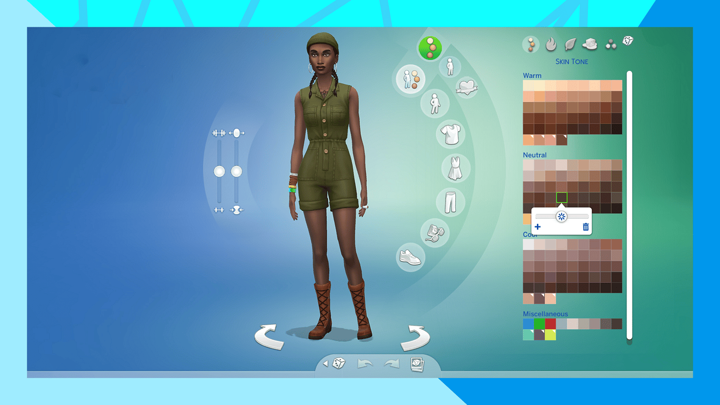 A picture from The Sims 4 indicating a sim with the new skin tone slider options