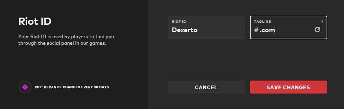 The riot ID screen, where players can change their Valorant username for free once a month.