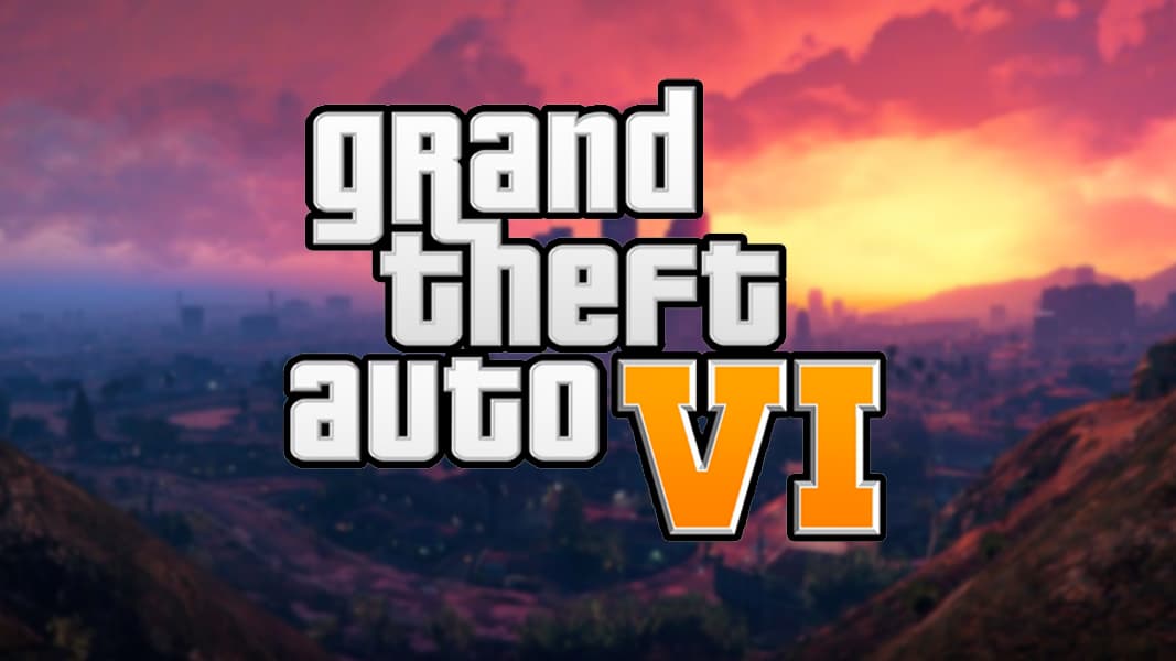 The sun sets behind some mountains, with the GTA 6 logo superimposed in front of it
