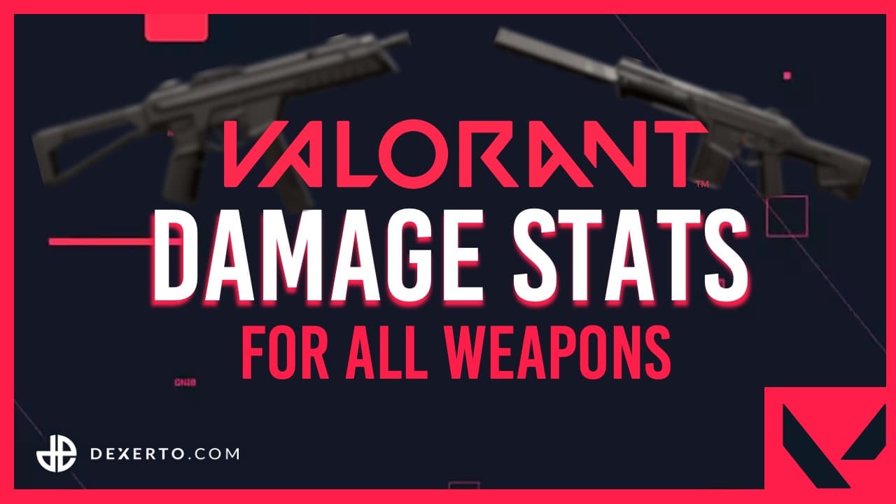 An image with the valorant logo and the words 'Damage stats for all weapons' below it on a black and red background
