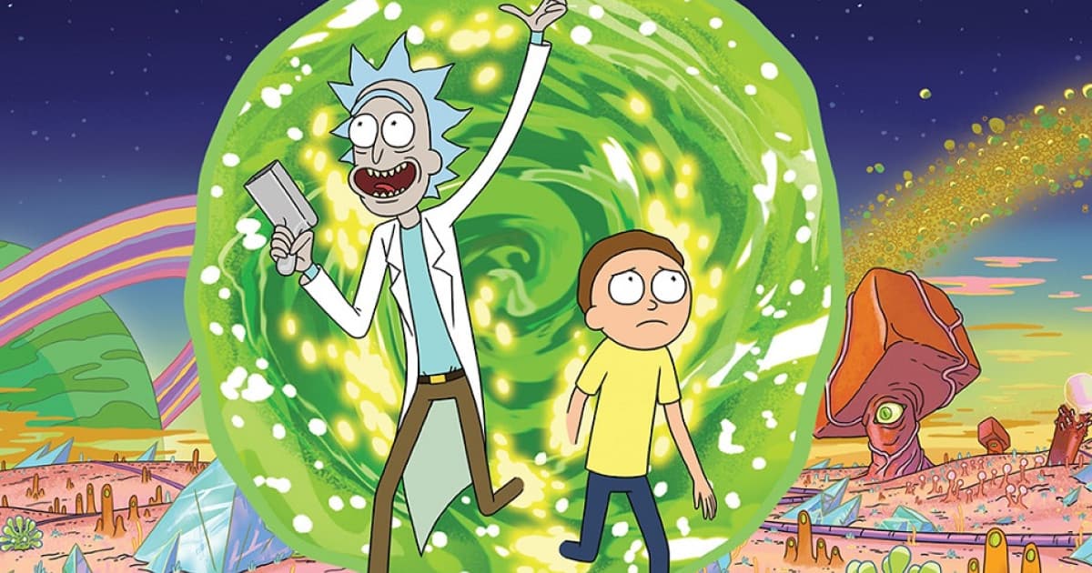 Rick and Morty stepping out of a portal.