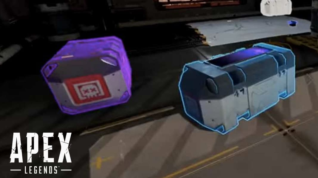 Purple and Blue apex legends death boxes in a room