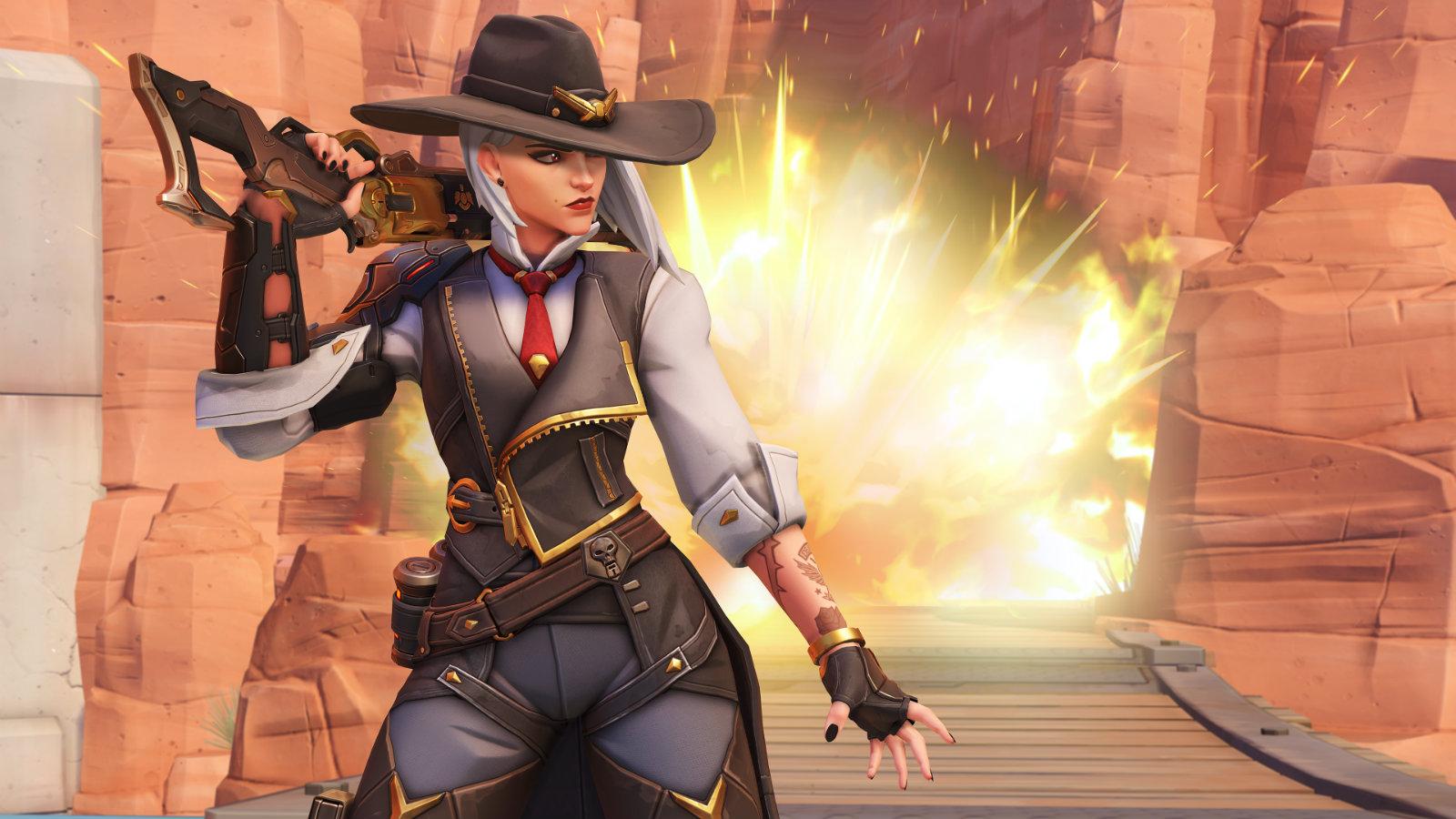 Ashe Overwatch 2 still with explosion in background