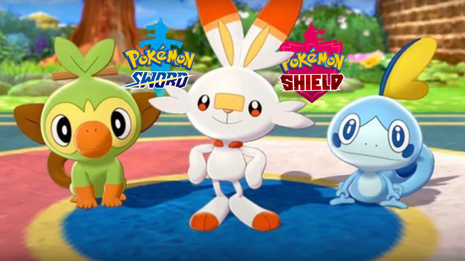 Starters Grookey, Scorbunny, and Sobble posing in Sword and Shield