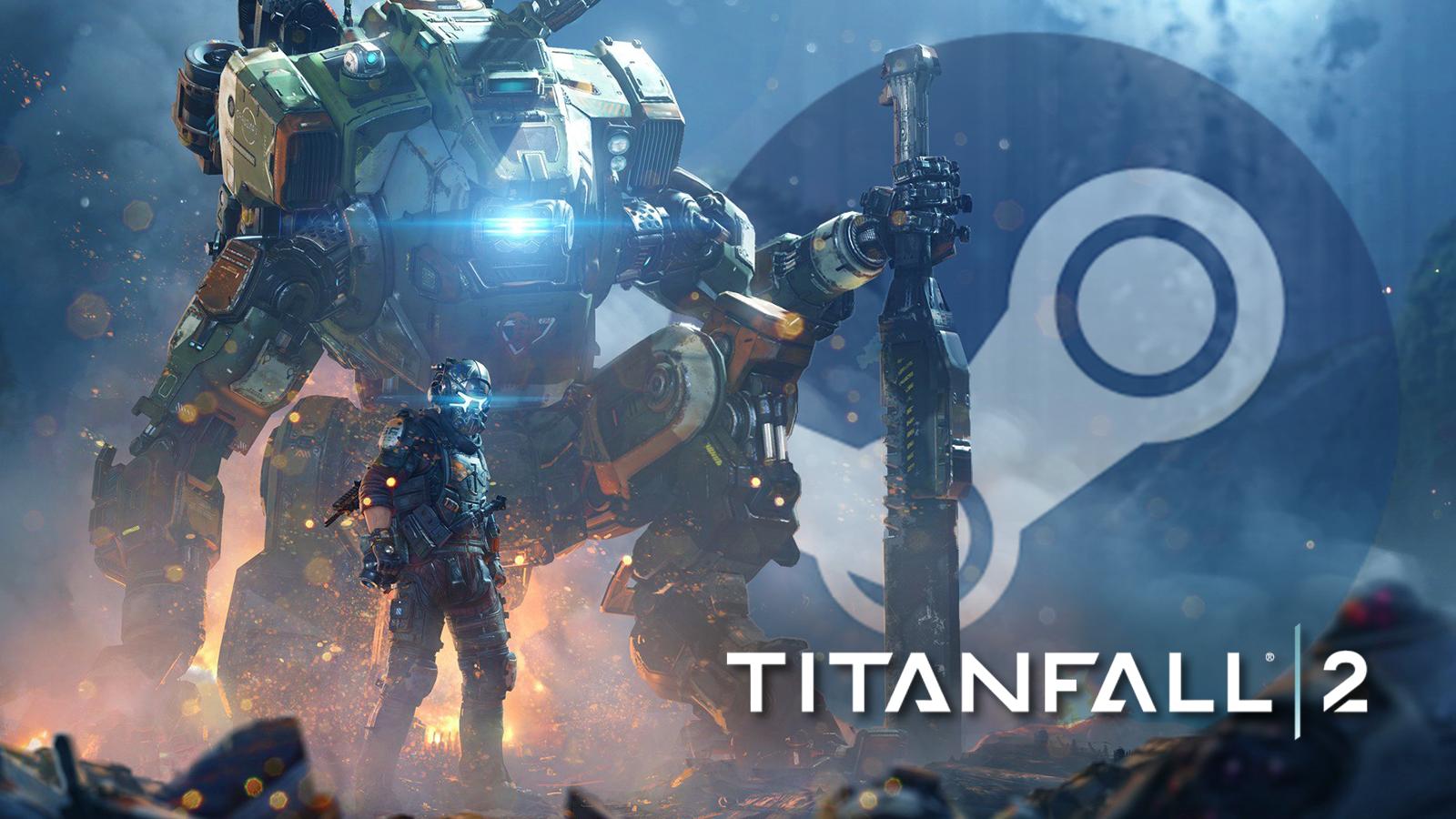 Titanfall 2 pilot stands in front of faded Steam logo.
