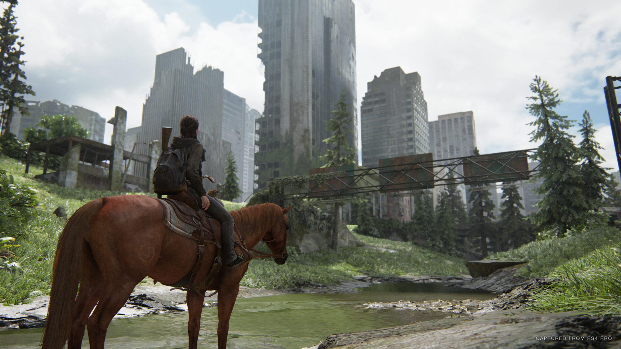 An image of Ellie riding a horse in The Last of Us Part II. 