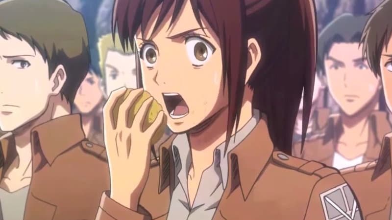 Sasha eating a potato in Attack on Titan.
