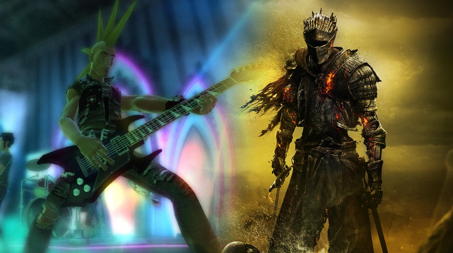 Guitar Hero gameplay / Dark Souls 3 artwork