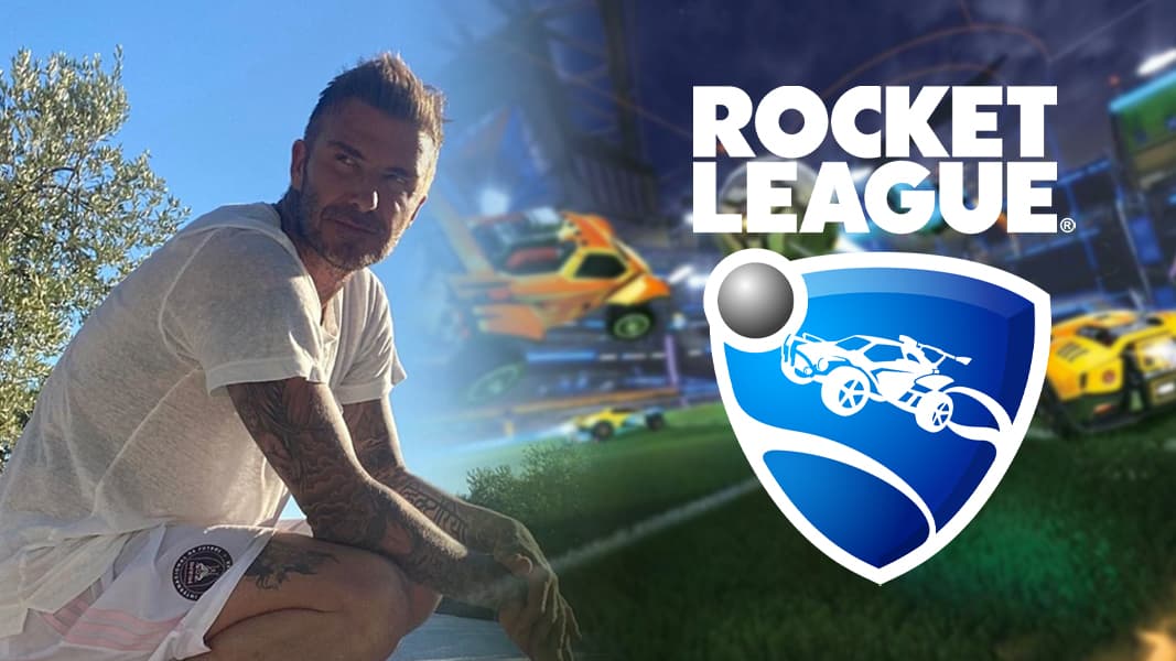 David Beckham crouching next to Rcoket League imagre