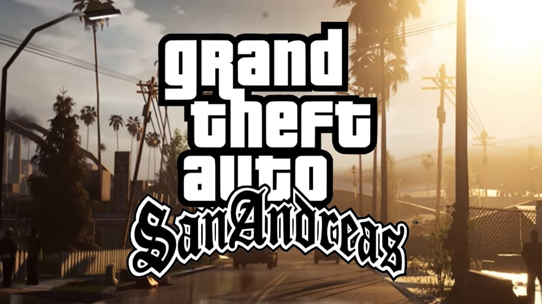The GTA San Andreas logo with a screenshot of Grove Street