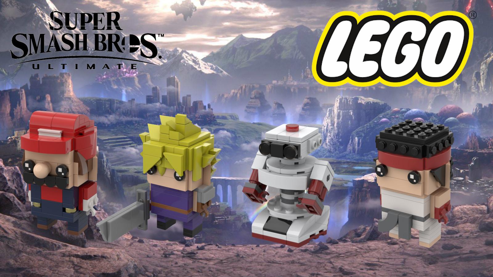 Smash Ultimate fighters Mario, Cloud, ROB and Ryu as LEGO