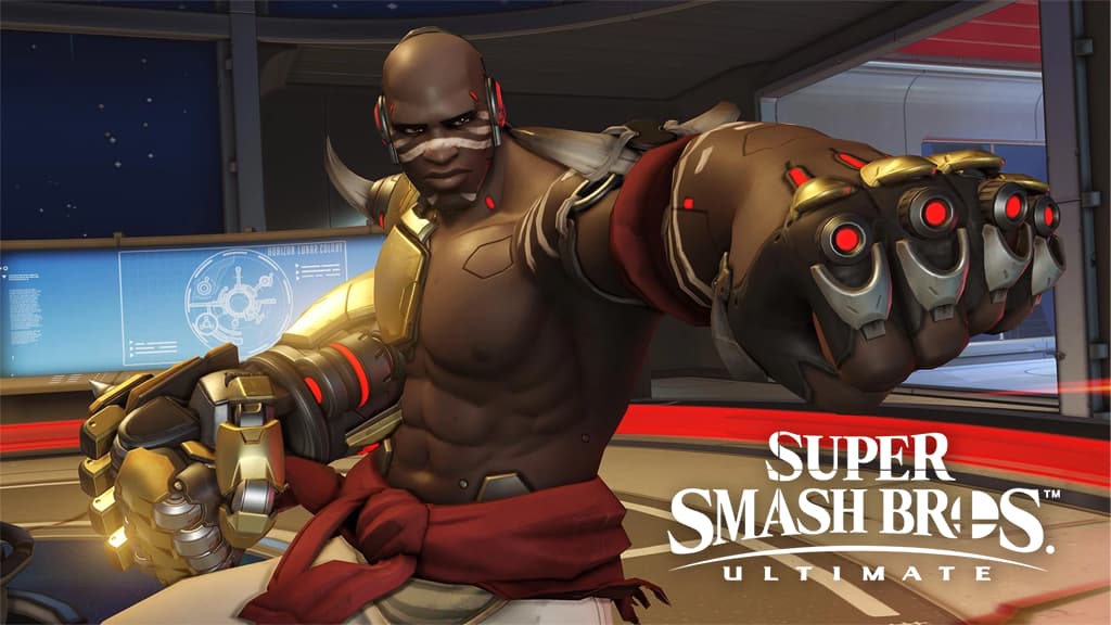 Doomfist from Overwatch punching air with Smash logo