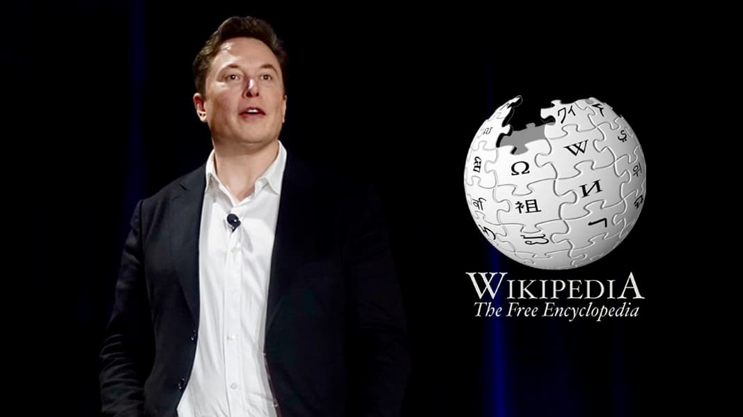 Elon Musk presenting next to Wikipedia logo
