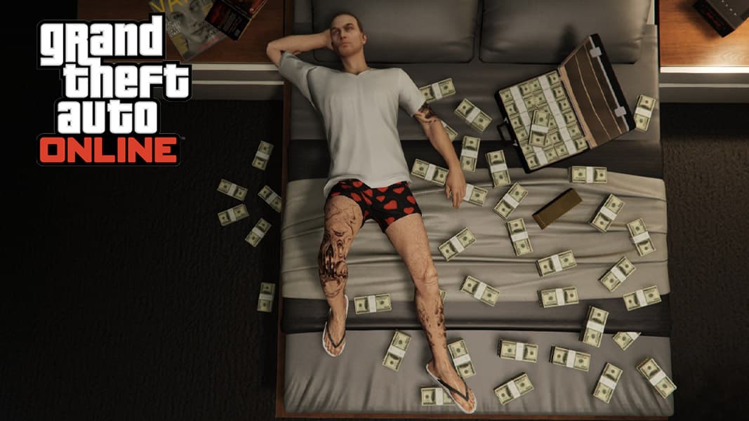 Gta online character with a bed of money