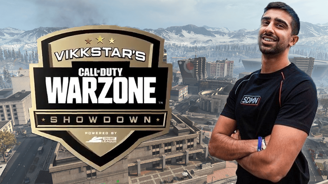 Vikkstar in front of Warzone map with logo
