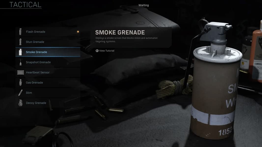 A smoke grenade in Warzone's loadout menus