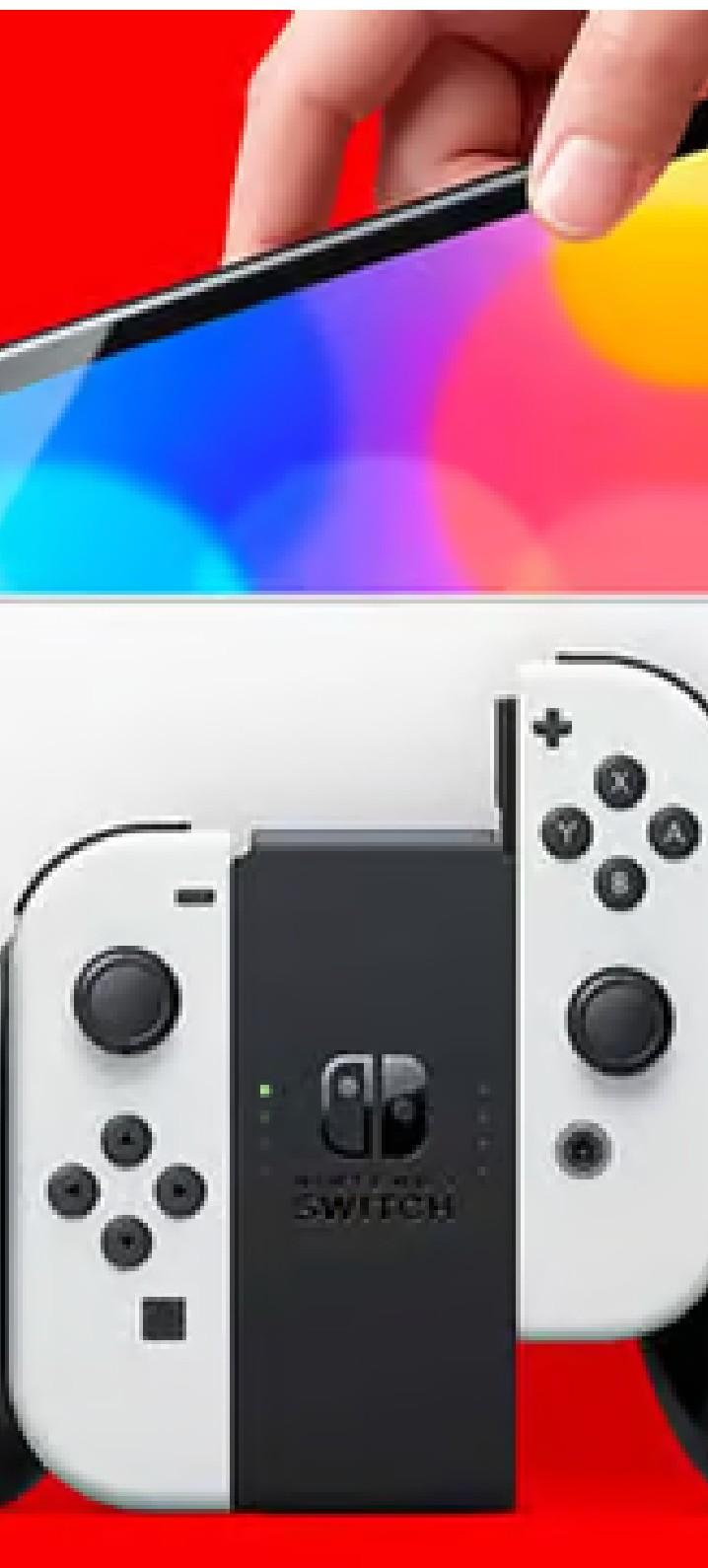 nintendo switch oled model being placed in dock with joycon controller in front.