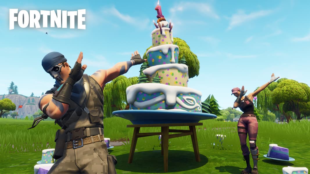 Fortnite players dabbing by a birthday cake