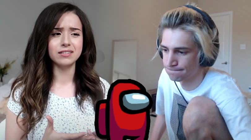 Pokimane and xQc pose next to the red Among Us character.