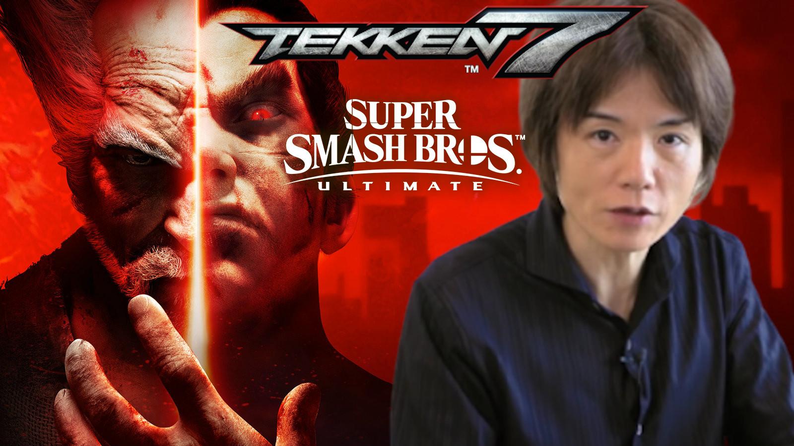 Sakurai and Tekken 7 fighters with Smash logo