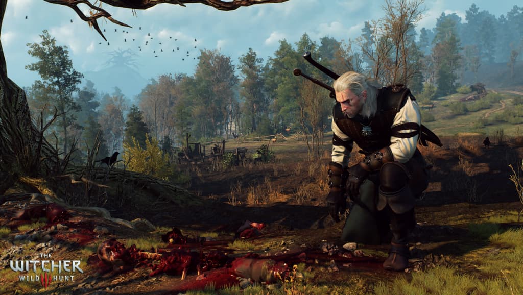 geralt kneeling at blood stain in witcher 3