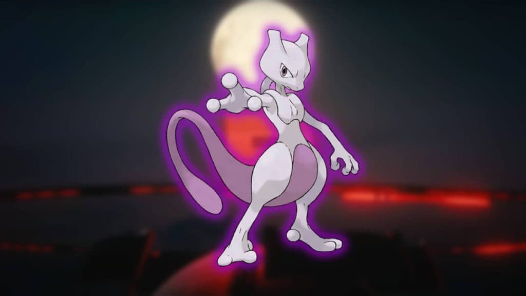 Покемон Мьюту появляется на размытом фоне, окруженном фиолетовой аурой.
