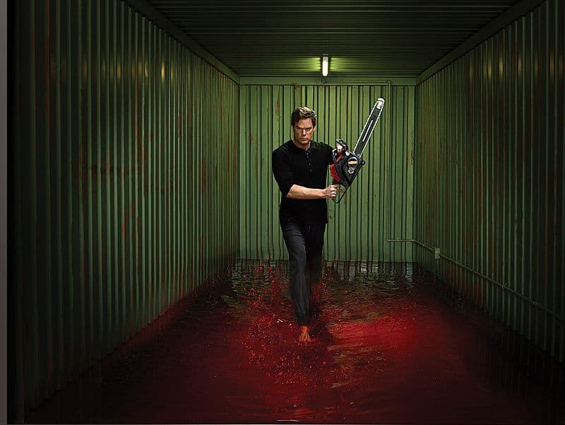 Dexter in shipping container with blood